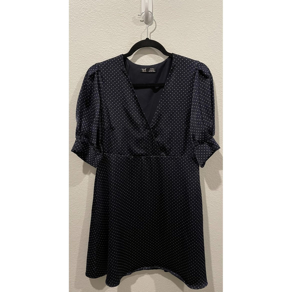 ZARA Navy Blue White Polka Dots Short Sleeve V-Neck Mini Dress - Picture 1 of 6